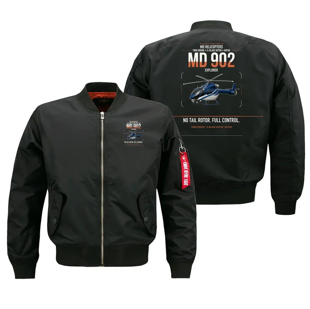 MD Helicopters MD 902 Explorer design on black bomber jacket, double-side print