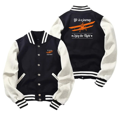 Life is a journey Enjoy the Flight Baseball Style aviation design printed on two-tone shell with ribbed cuffs baseball jacket.