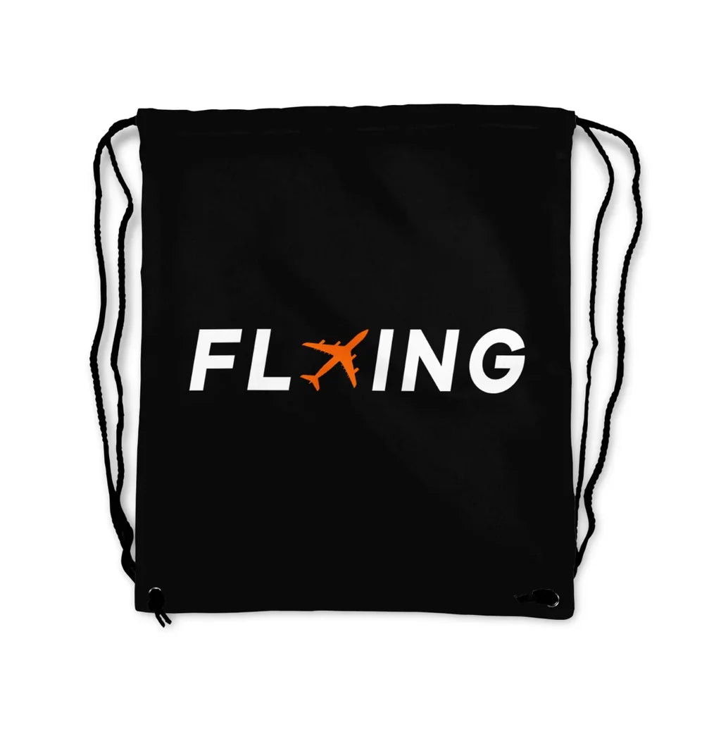 Flying aviation drawstring bag in lightweight polyester.