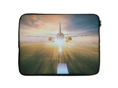 Airplane Flying Over Runway Laptop & aviation print laptop & tablet case, fits laptop or tablet.