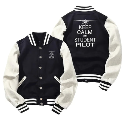 Student Pilot Baseball Style aviation design printed on two-tone shell with ribbed cuffs baseball jacket.