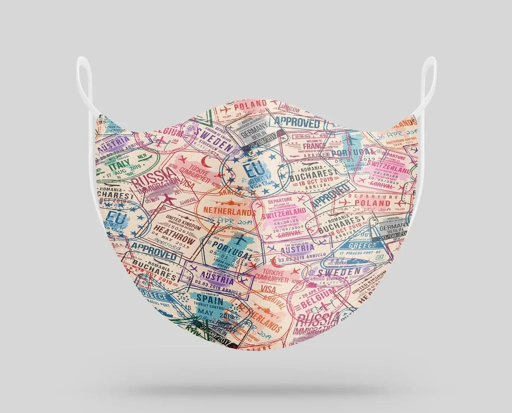 Passport Stamps aviation face mask in breathable cotton blend.