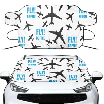 Fly Be Free White Car aviation design on car windshield cover.