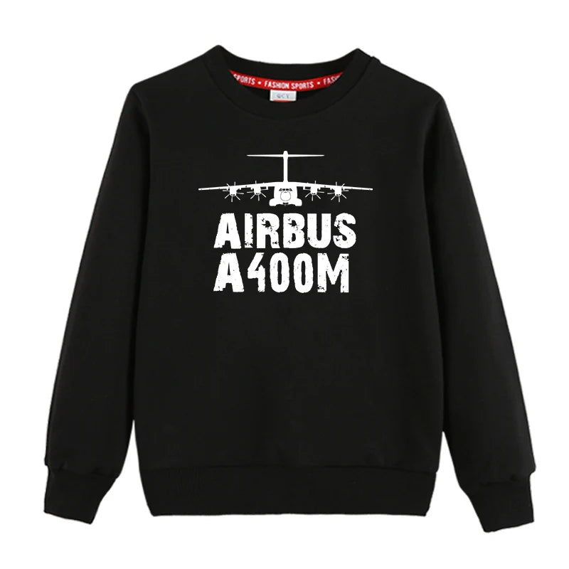 Airbus A400M & Plane "CHILDREN" aviation design printed on soft cotton blend kids' sweatshirt.