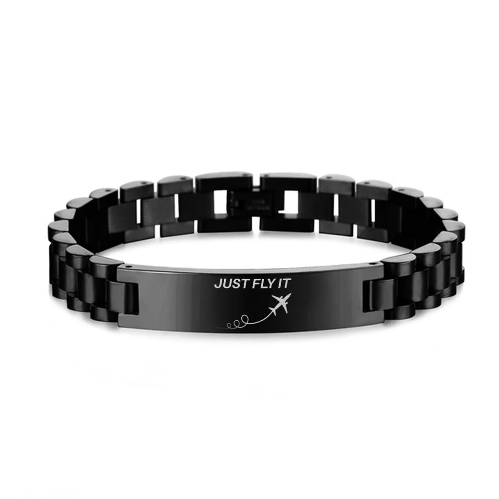Side view of Just Fly It aviation chain bracelet in stainless steel, polished finish.