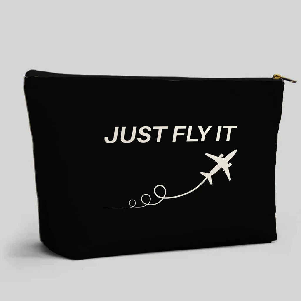 Just Fly It aviation print zipper pouch, durable polyester.