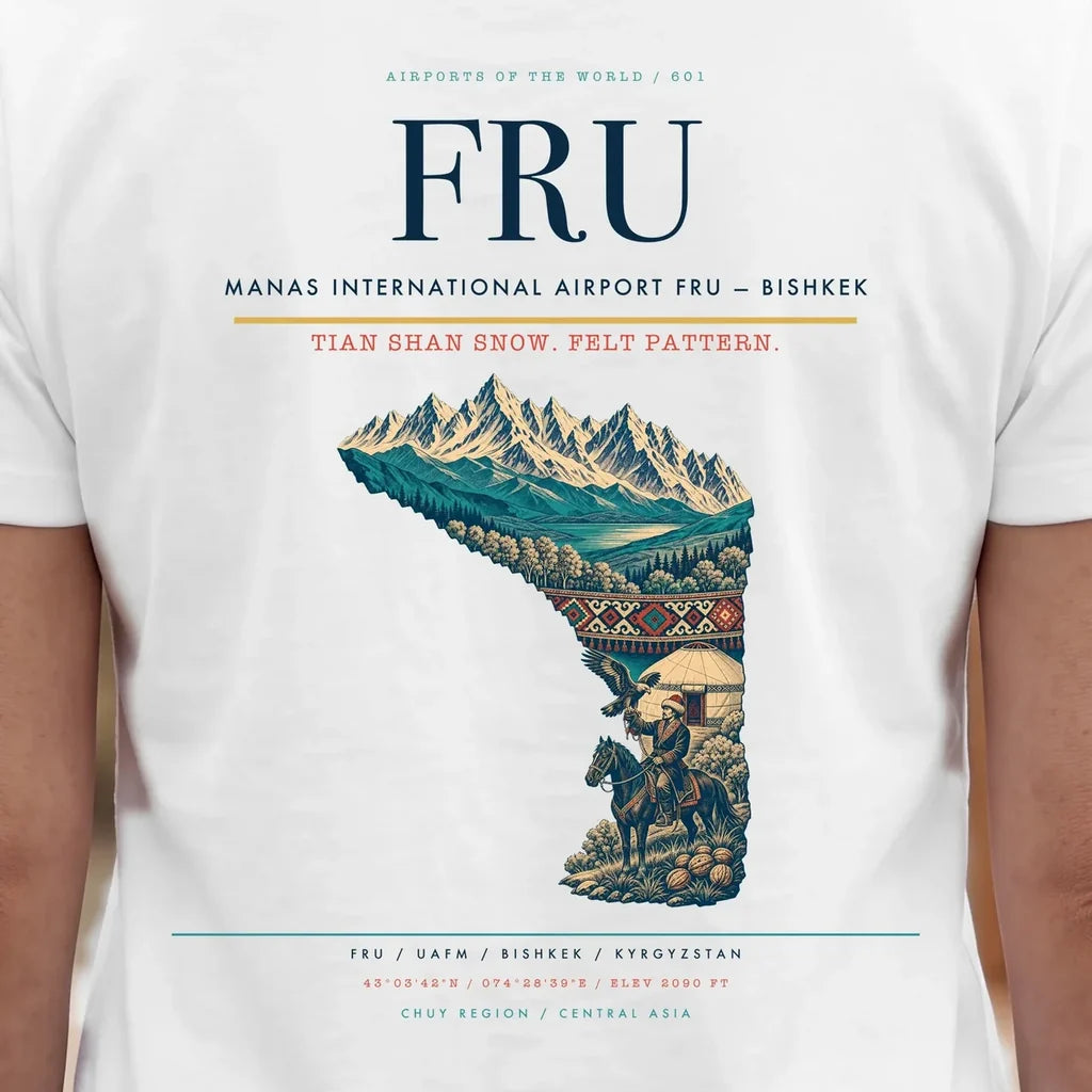 Manas International Airport (FRU) double-side t-shirt design close-up cover