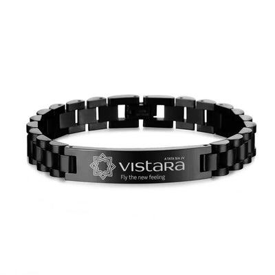 Side view of Vistara Airlines aviation chain bracelet in stainless steel, polished finish.