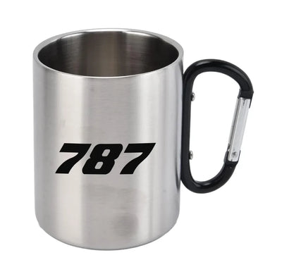 Boeing 787 Flat Text aviation design on outdoor mug, durable insulated construction.