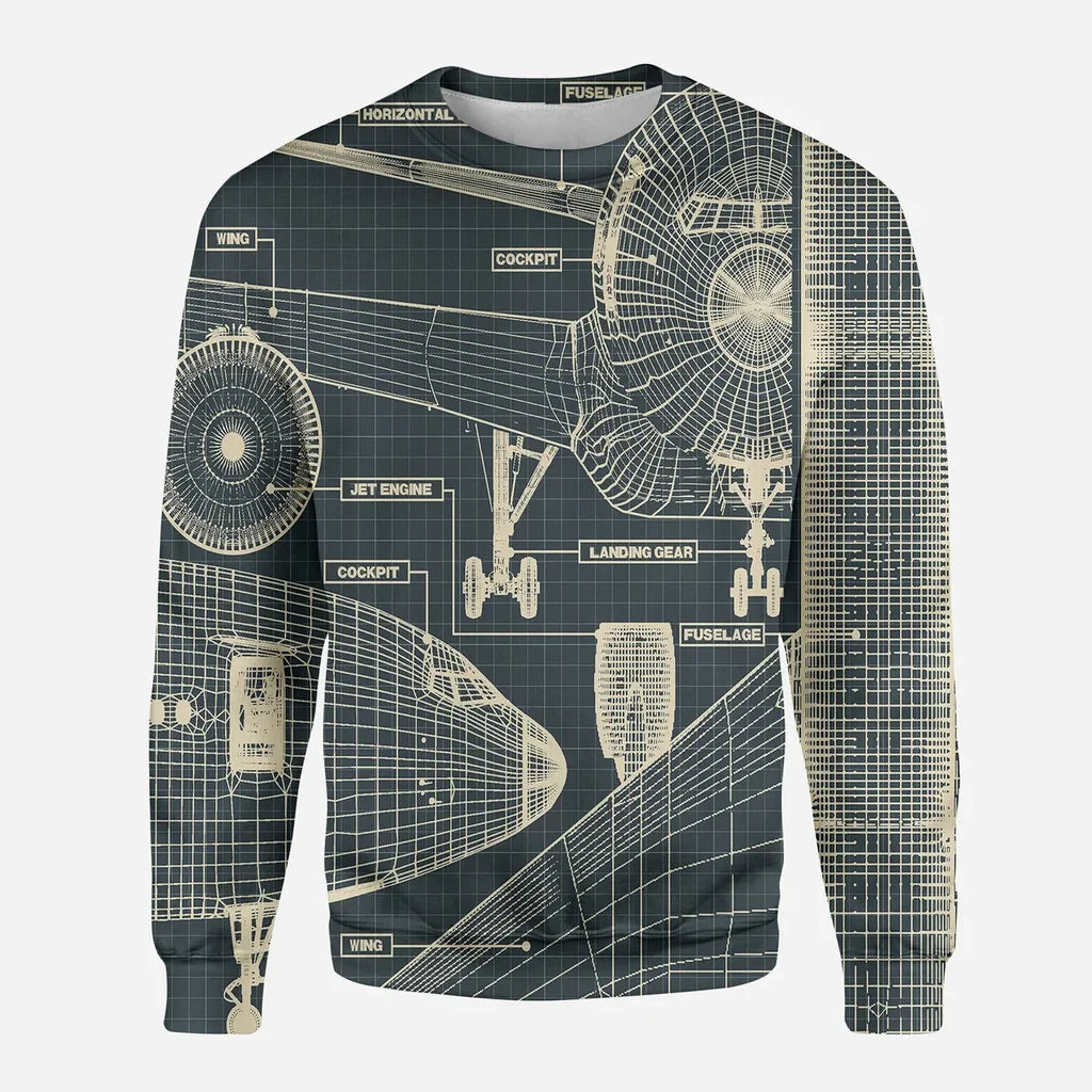 Airplanes Fuselage & Details aviation design printed on soft cotton blend 3D sweatshirt.