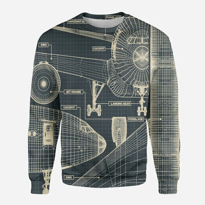Airplanes Fuselage & Details aviation design printed on soft cotton blend 3D sweatshirt.