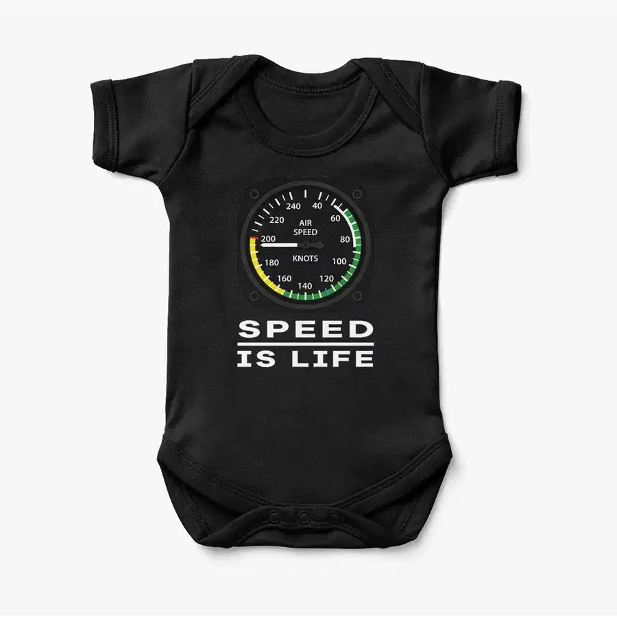 Speed Is Life aviation print on kids gentle cotton bodysuit.