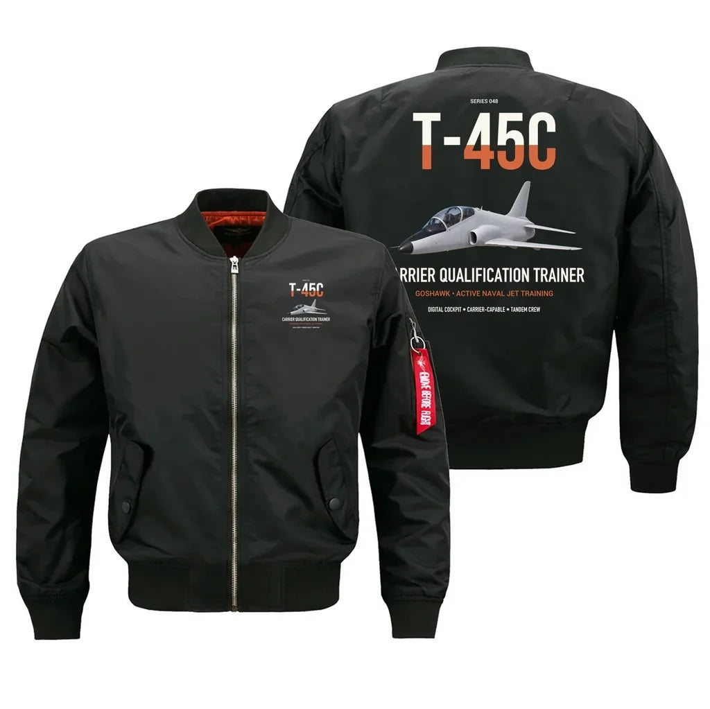 T-45C Goshawk design on black bomber jacket, double-side print