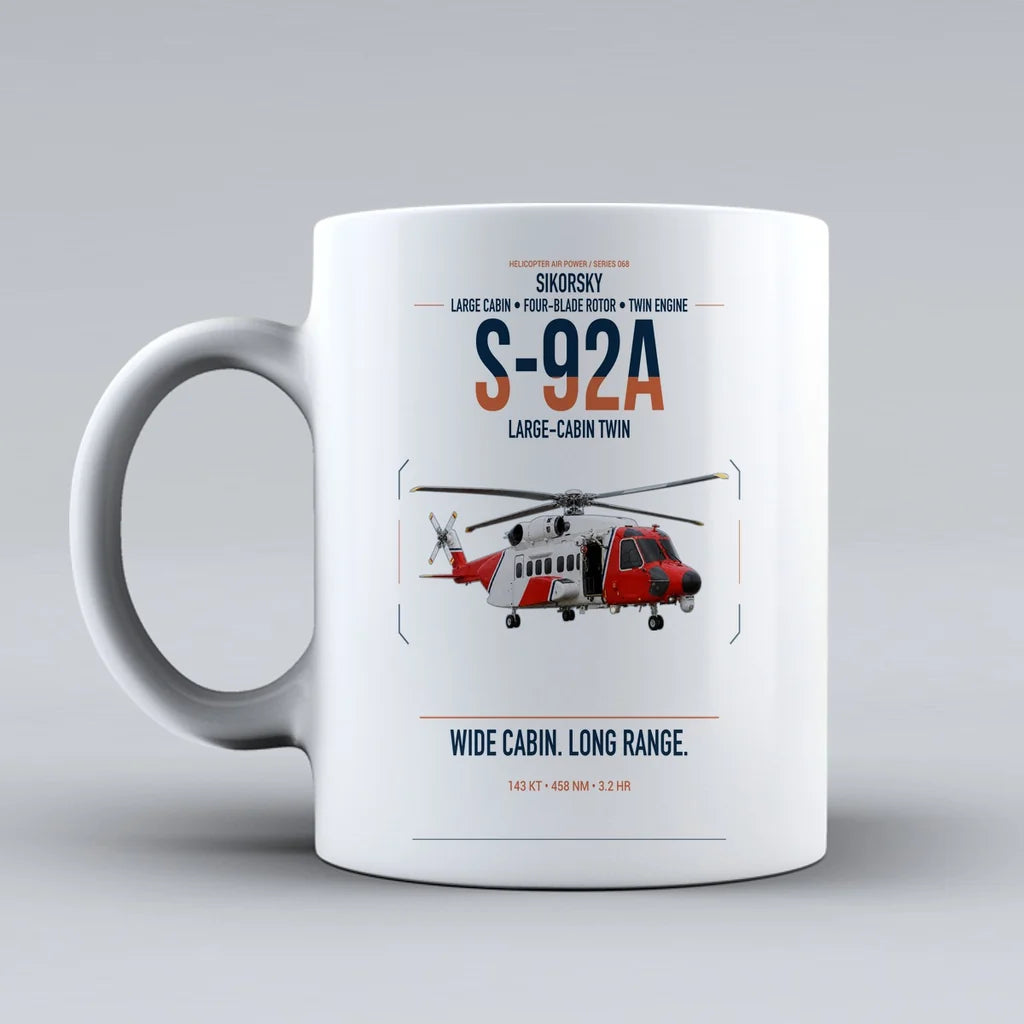 Sikorsky S-92A design on white ceramic mug, double-side print