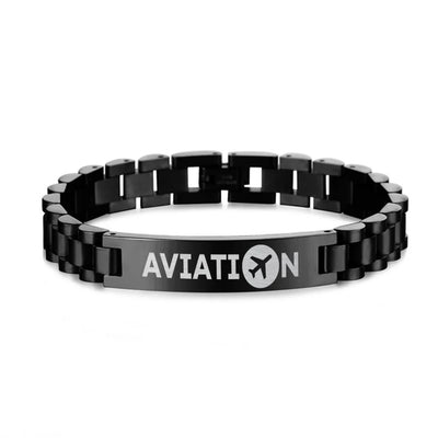 Side view of Aviation chain bracelet in stainless steel, polished finish.