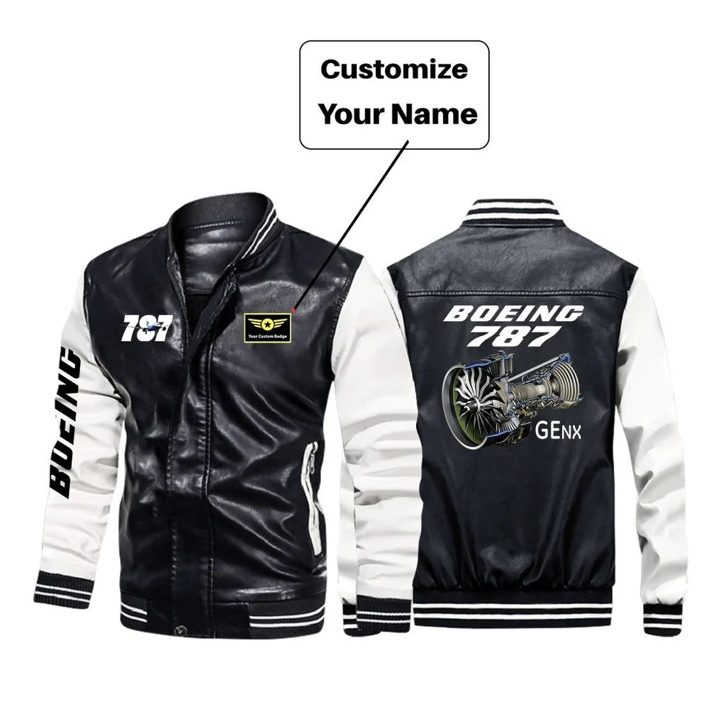 Boeing 787 & GENX Engine aviation design printed on genuine leather with modern tailored fit stylish leather jacket.