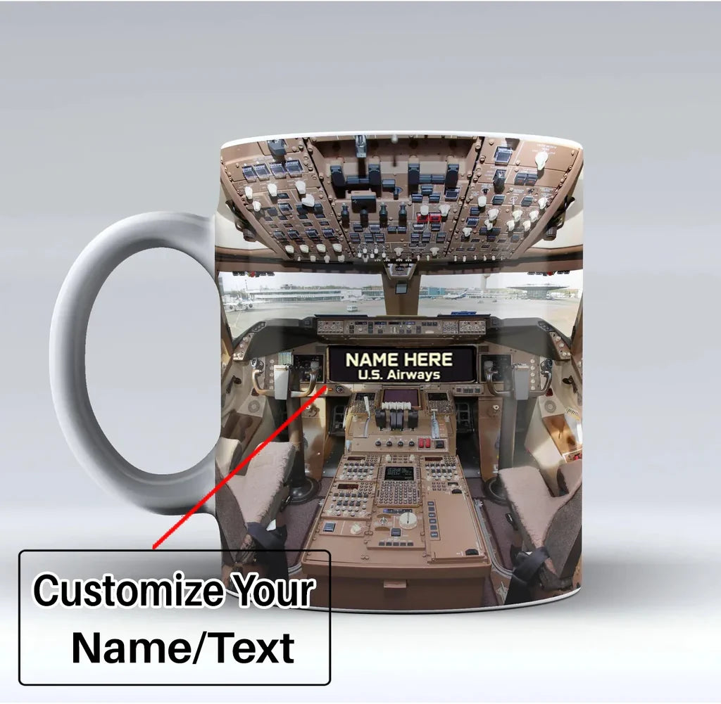 Boeing 747 Cockpit Text aviation design on ceramic mug, premium ceramic with glazed finish.