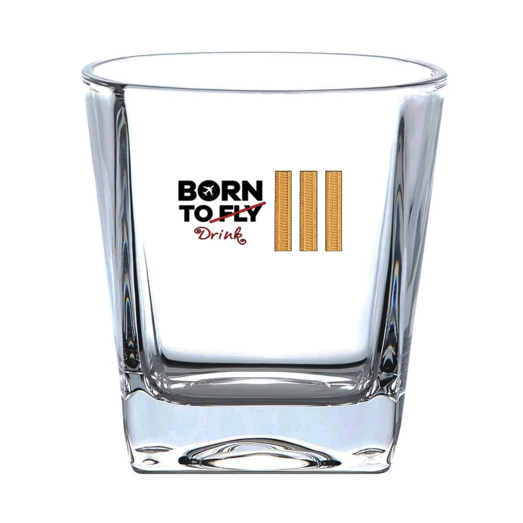Born To Drink & 3 Lines aviation design on whiskey glass, crystal-clear premium glassware.