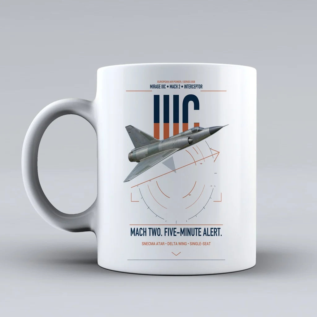 Dassault Mirage IIIC design on white ceramic mug, double-side print
