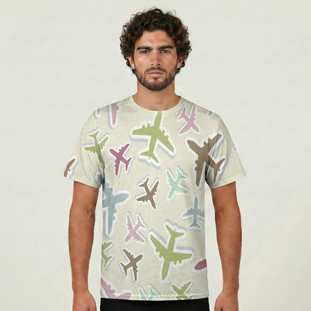 Seamless 3D Airplanes aviation design printed on soft cotton 3D-print T-shirt.