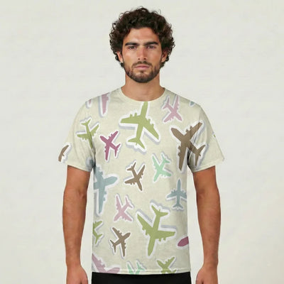 Seamless 3D Airplanes aviation design printed on soft cotton 3D-print T-shirt.