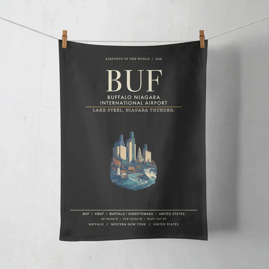 Buffalo Niagara International Airport (BUF) design on black towel
