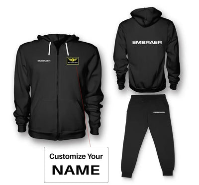 Embraer & Text aviation design on soft cotton blend zipped hoodie and sweatpants set.