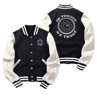 Thumbnail for In Thrust We Trust (Vol 2) Baseball Style aviation design printed on two-tone shell with ribbed cuffs baseball jacket.