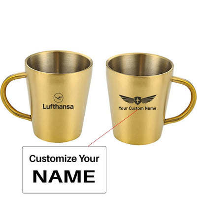 Lufthansa Airlines aviation design on stainless coffee mug, durable stainless steel construction.