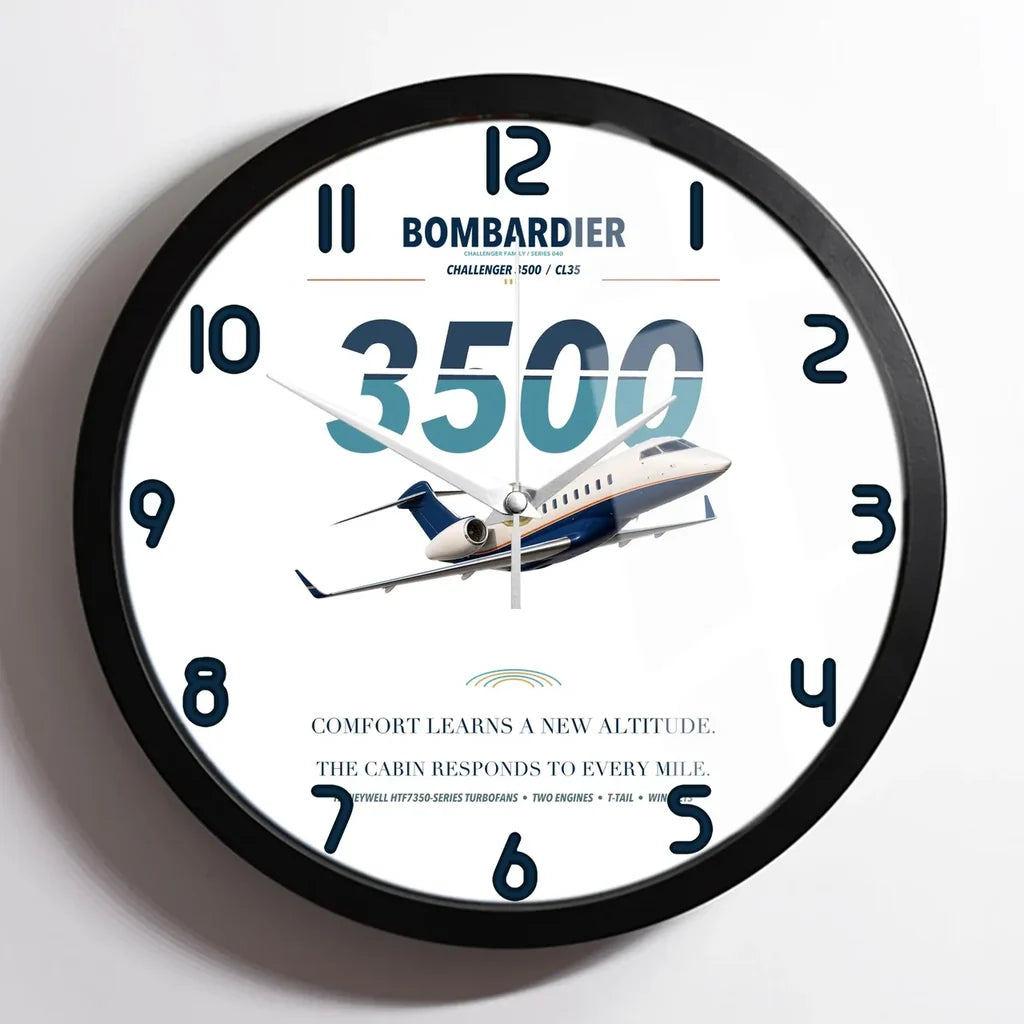 Bombardier Challenger 3500 design on white framed wall clock