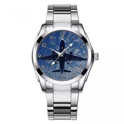 Airplane From Below aviation-themed watch with stainless steel band, polished stainless steel.
