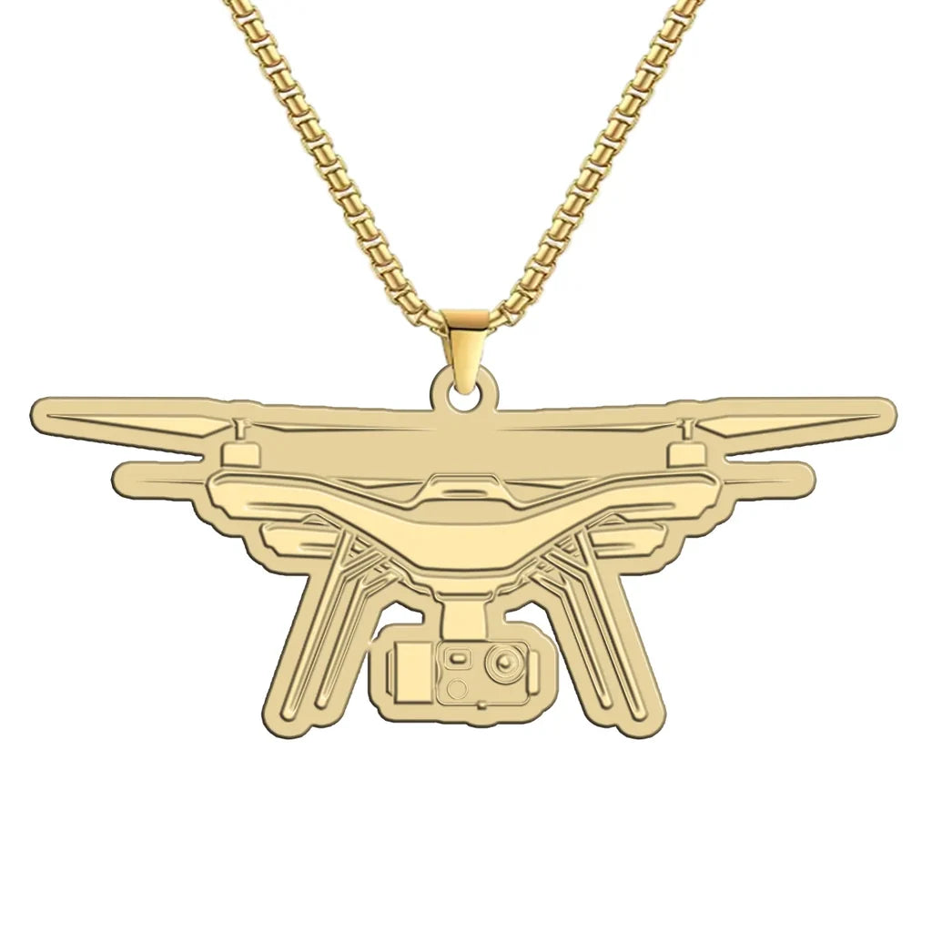 Drone aviation-themed hollow necklace, polished metal.