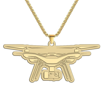Drone aviation-themed hollow necklace, polished metal.