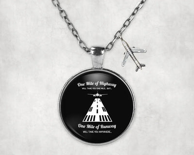 One Mile of Runway Will Take you Anywhere aviation-themed necklace, polished stainless steel.