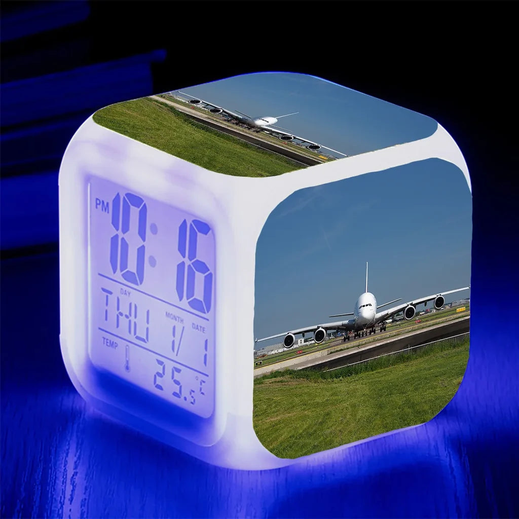 Face to Face with Airbus A380 "7 Colour" Digital Alarm aviation design on premium wood and metal table clock.