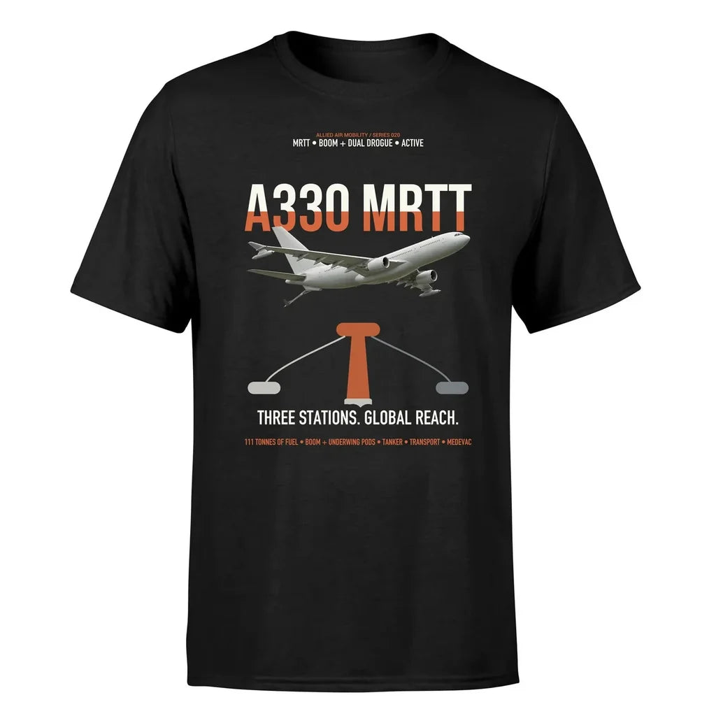 Airbus A330 MRTT design on black t-shirt, single-side print