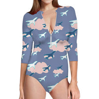 Thumbnail for Cool & Super Airplanes (Vol2) aviation design on stretch swim fabric deep-V swim bodysuit.