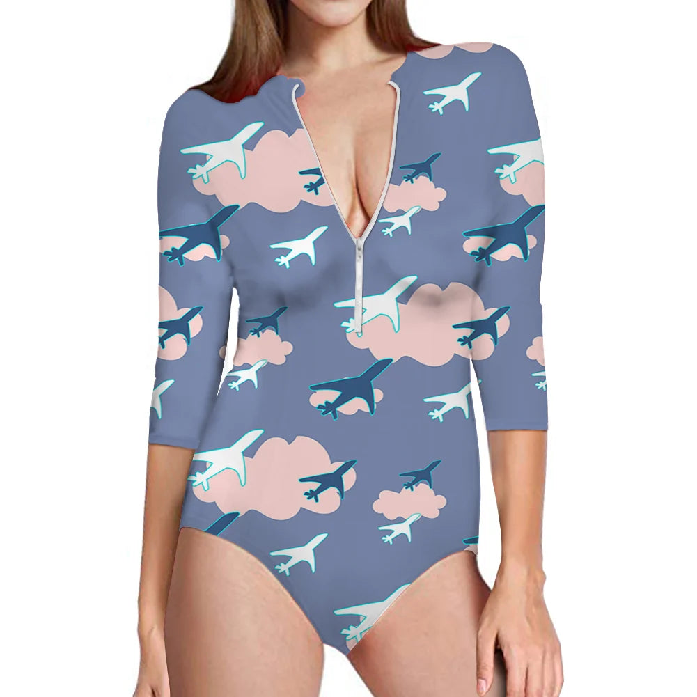 Cool & Super Airplanes (Vol2) aviation design on stretch swim fabric deep-V swim bodysuit.