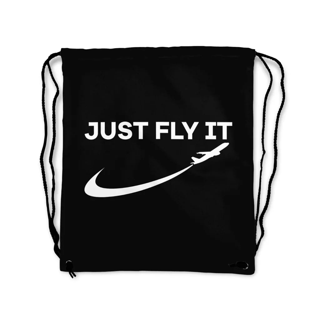 Just Fly It 2 aviation design drawstring bag, lightweight polyester construction.