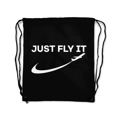 Just Fly It 2 aviation design drawstring bag, lightweight polyester construction.