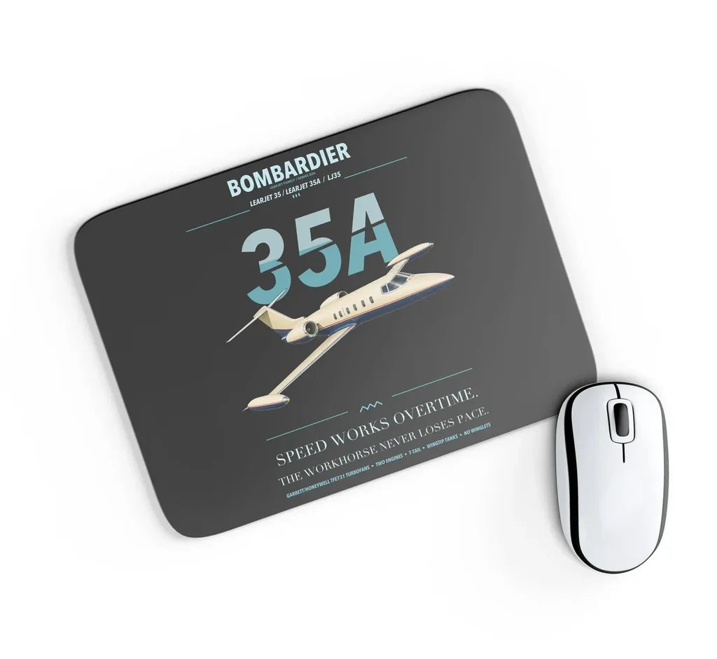 Bombardier Learjet 35A design on black rectangle mouse pad