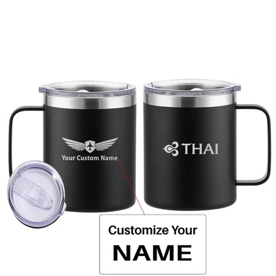 Thai Airways aviation design on laser-engraved mug, permanent laser engraving on stainless.
