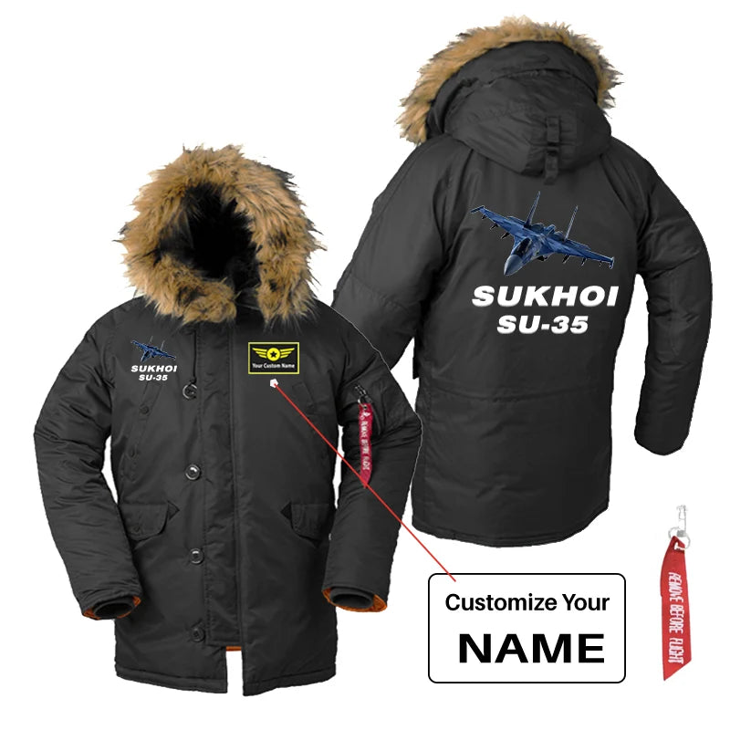 The Sukhoi SU-35 aviation design printed on heavyweight shell with hooded warmth parka bomber.