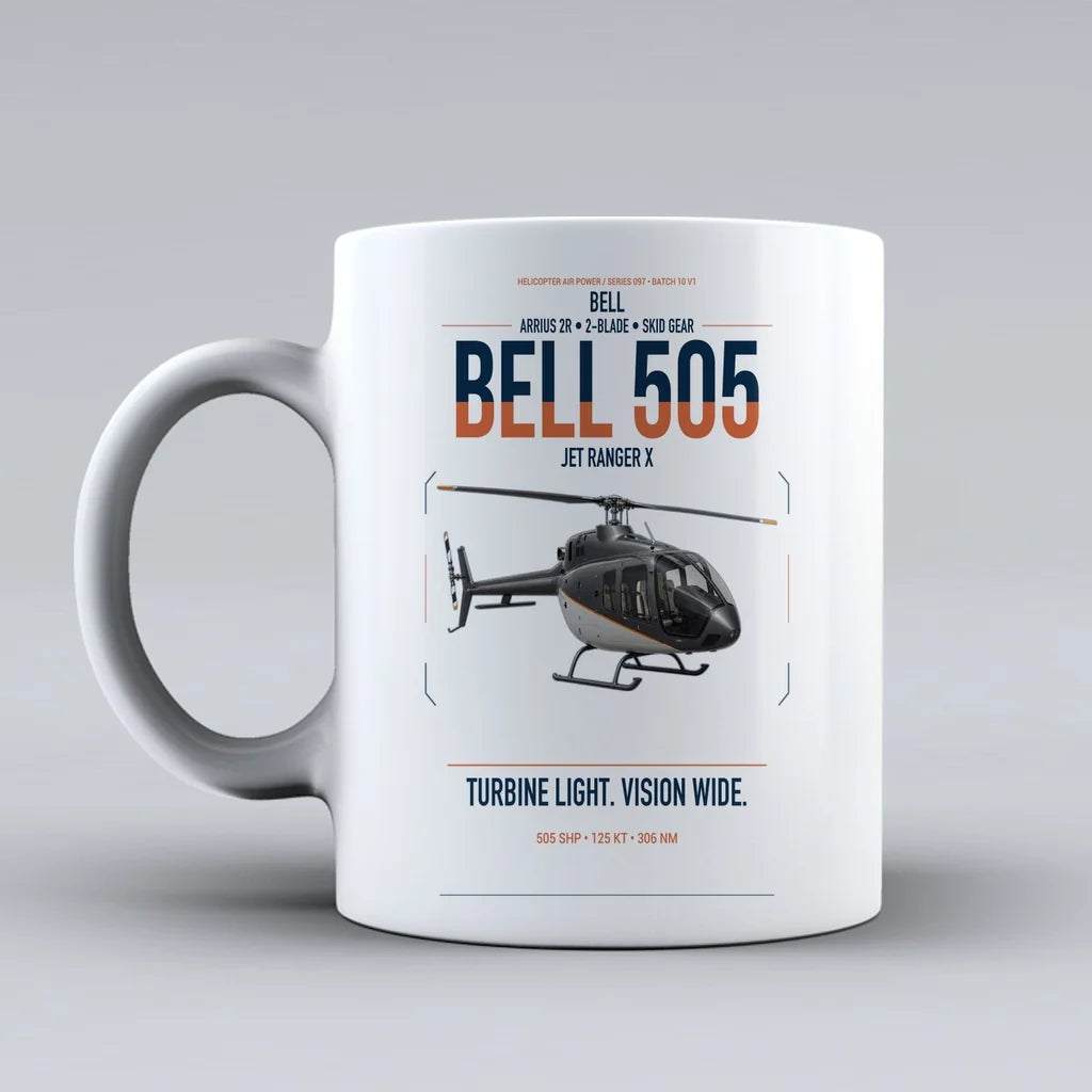 Bell 505 Jet Ranger X design on white ceramic mug, double-side print