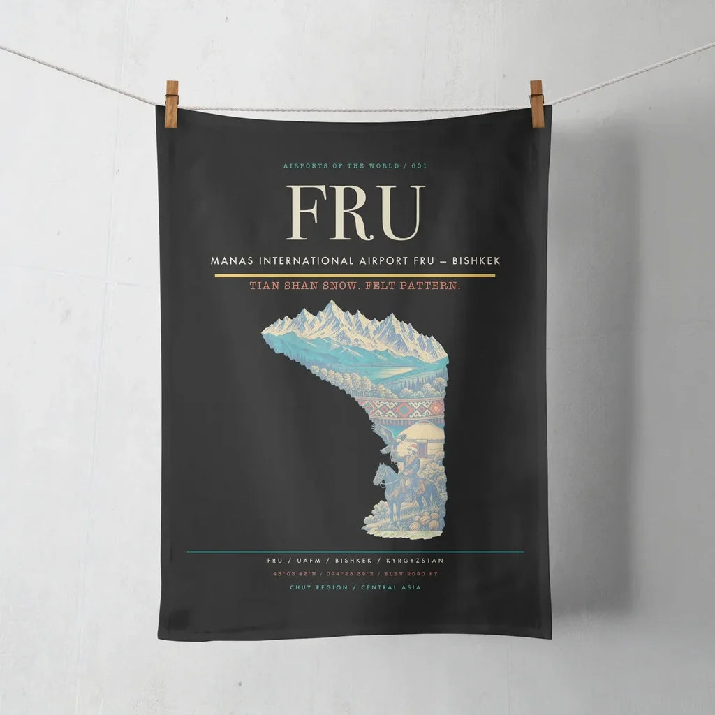 Manas International Airport (FRU) design on black towel