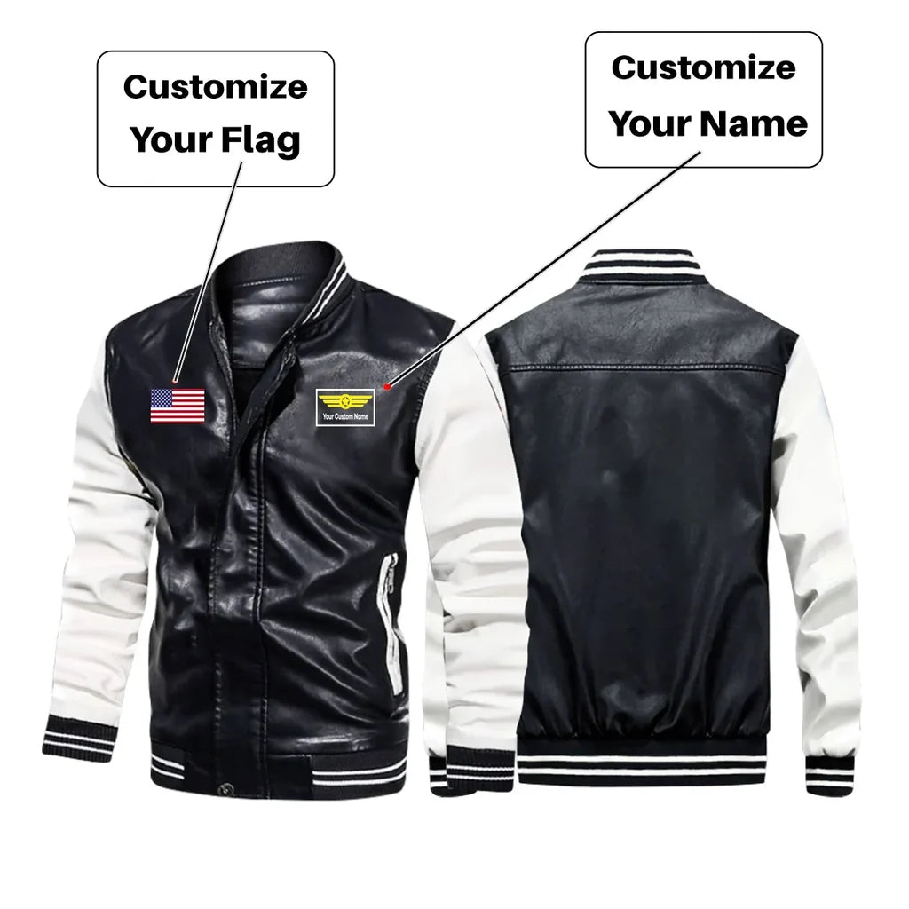 Custom Flag & Name "Badge 1" aviation design printed on genuine leather with modern tailored fit stylish leather jacket.
