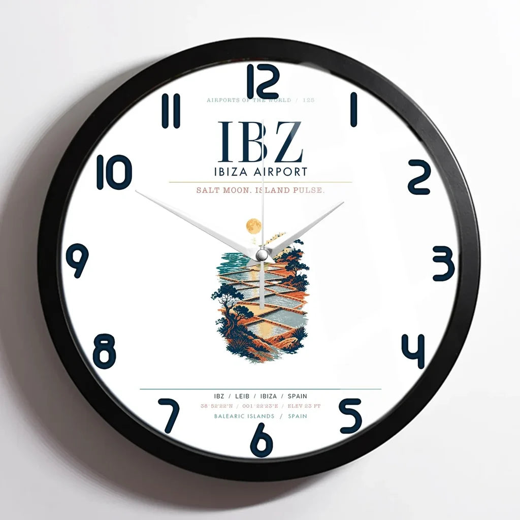 Ibiza Airport (IBZ) design on white framed wall clock