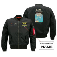 Thumbnail for City of Derry Airport (LDY) design on black bomber jacket with custom name patch