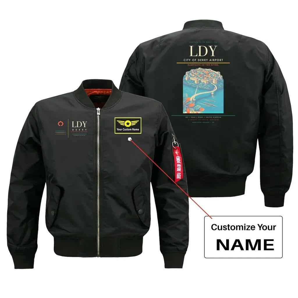 City of Derry Airport (LDY) design on black bomber jacket with custom name patch