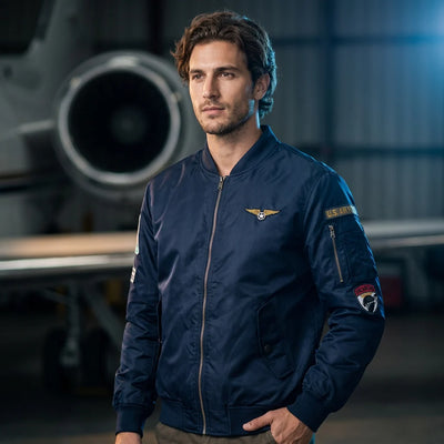 Aviation pilot jacket worn on model — editorial